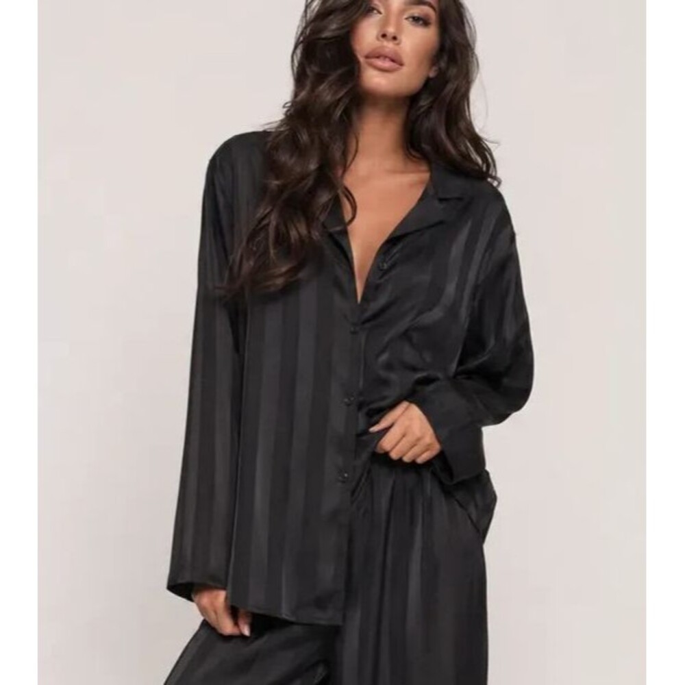 Womens M Black Silky Satin Pajama Set Button Up Long Sleeve Shirt Pants Casual